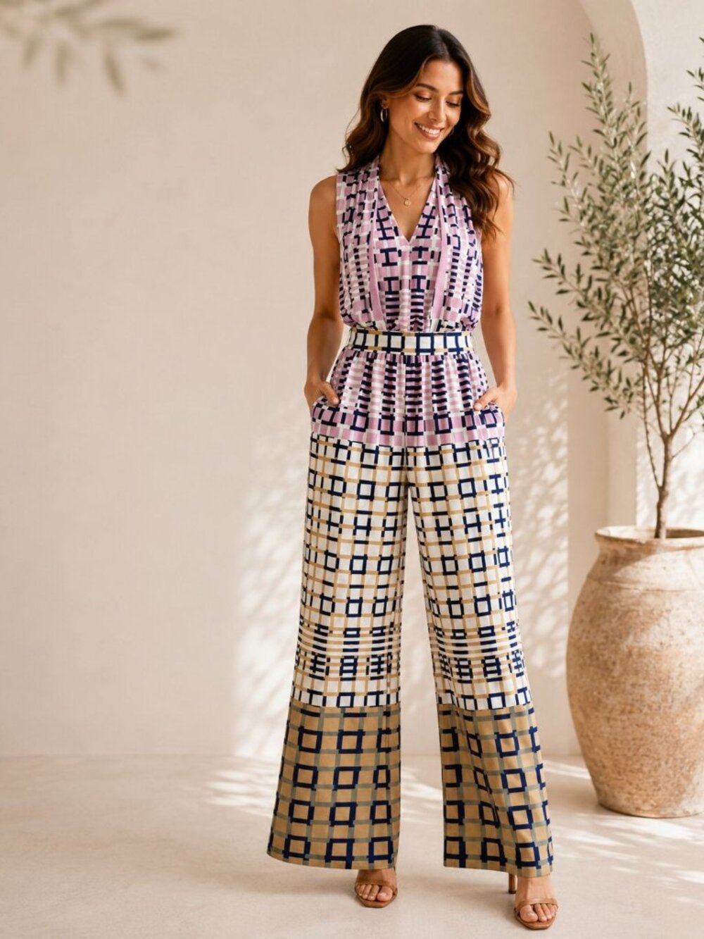 Adelyn Rae Multi-Color Geometric Sleeveless V-Neck Jumpsuit Womens M Polyester
